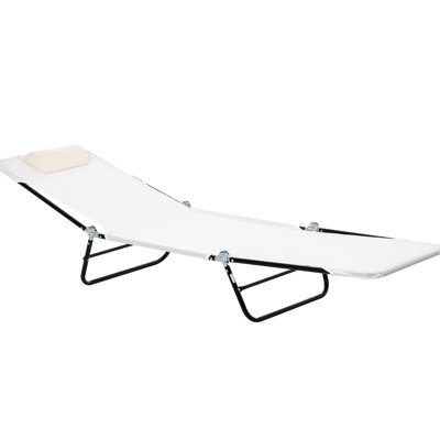 Cream White Sunbathing Lounge Bed. Foldable Outdoor Chair With Reclining Feature. Breathable Mesh Seat And . Adjustable For Optimal Sun Exposure. Lightweight Transportable. Steel Construction. Ideal