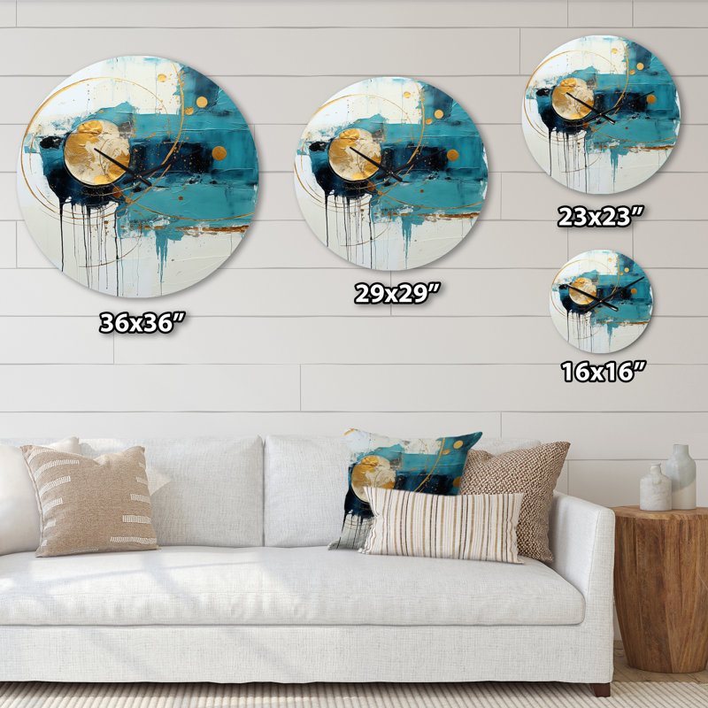 Horloge murale abstraite céleste en métal turquoise et doré, Moyenne