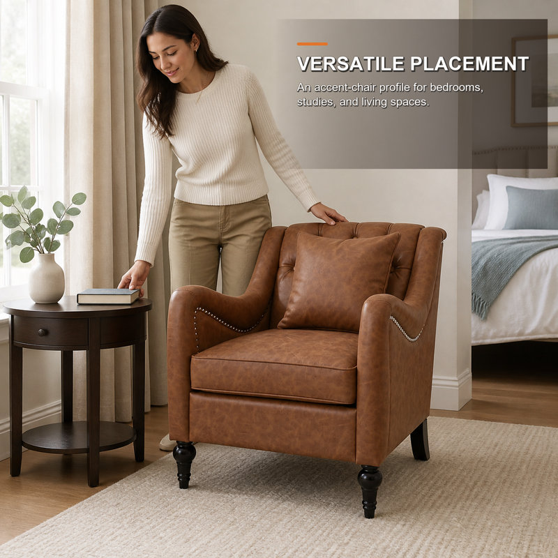 Fauteuil capitonné en similicuir PU avec accoudoirs arrondis, brun
