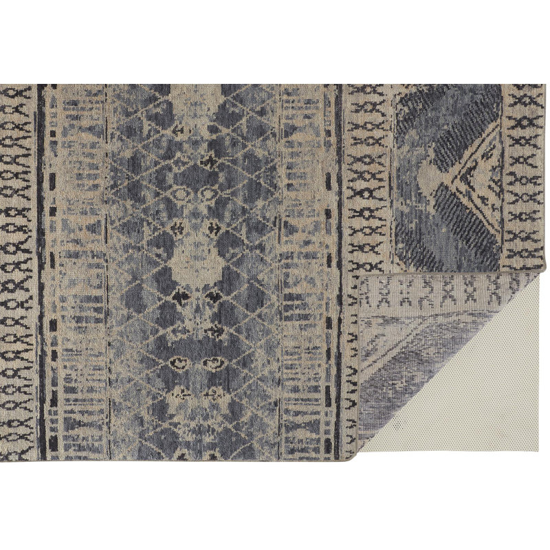 Ivory and Blue Hand-Knotted Wool Trellis Area Rug