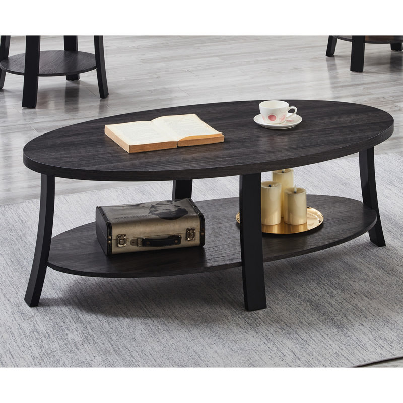 Table basse gris anthracite ovale avec tablette en bois et pratique, Gris anthracite