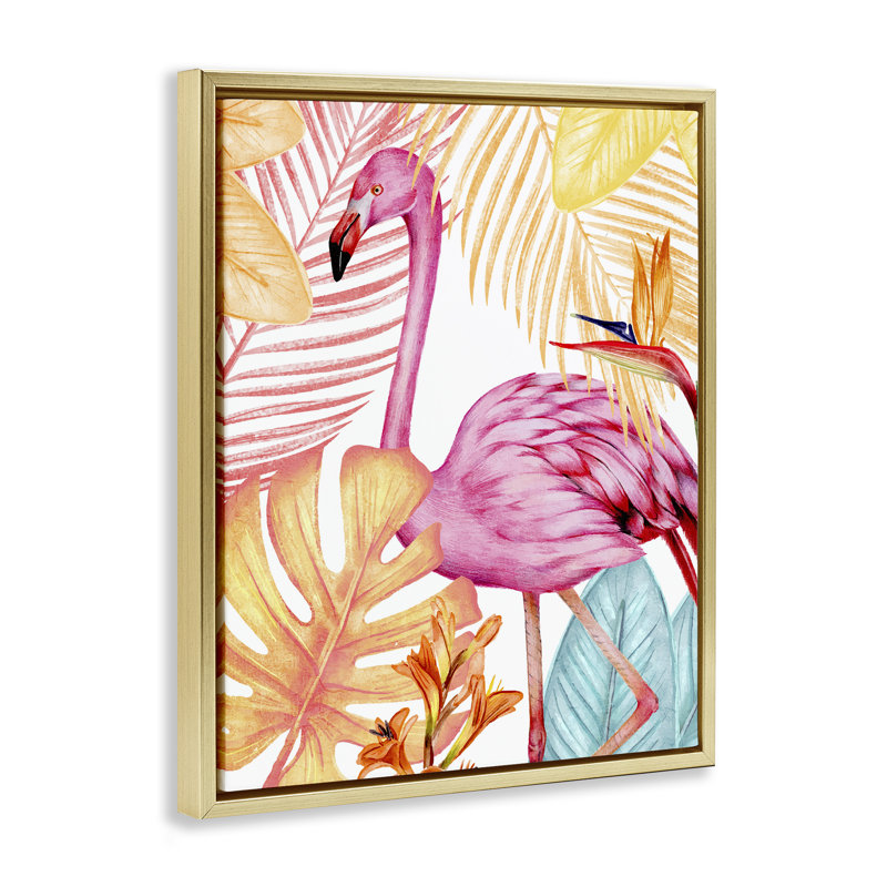 "Flamant rose et plantes aux couleurs vives", art mural sur toile flottante, design par Kim Allen, H 21 po x l 17 po