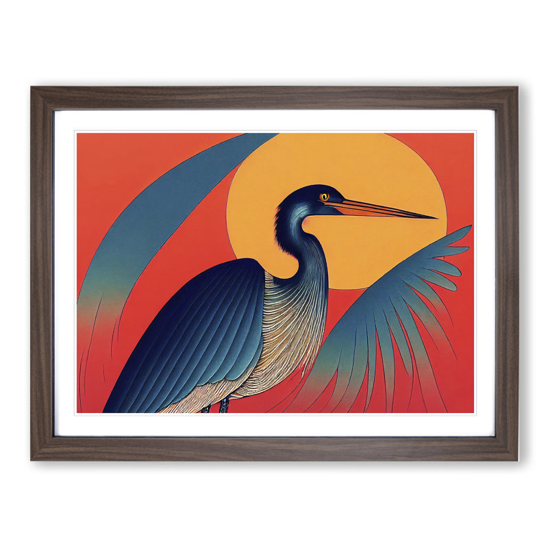 Artistic Heron Bird - Single Picture Frame Print, 46cm H x 64cm W x 2cm D, Walnut Framed