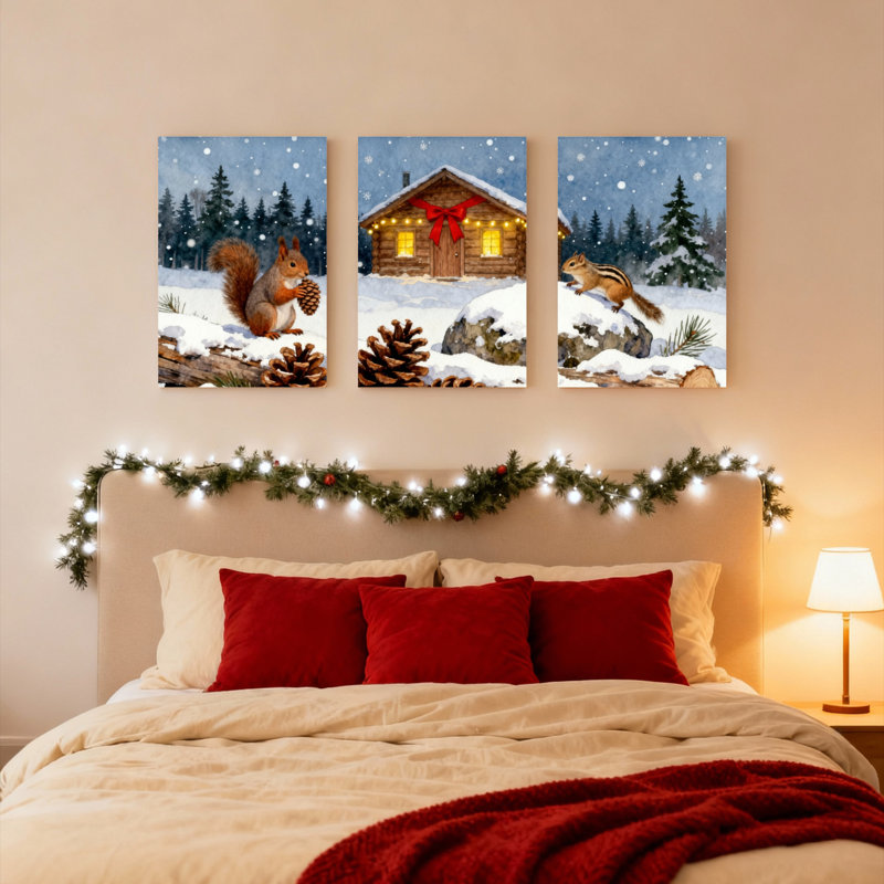 Ensemble de 3 tableaux sur toile représentant un écureuil et une cabane en forêt hivernale, H 30 po x l 60 po