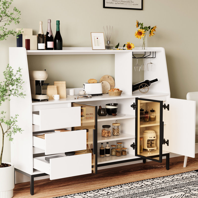 Multi - Functional White Sideboard With 3 Drawers, Glass Door, And Wine Cup Holder For Kitchen Dining Display Wood Use Decor