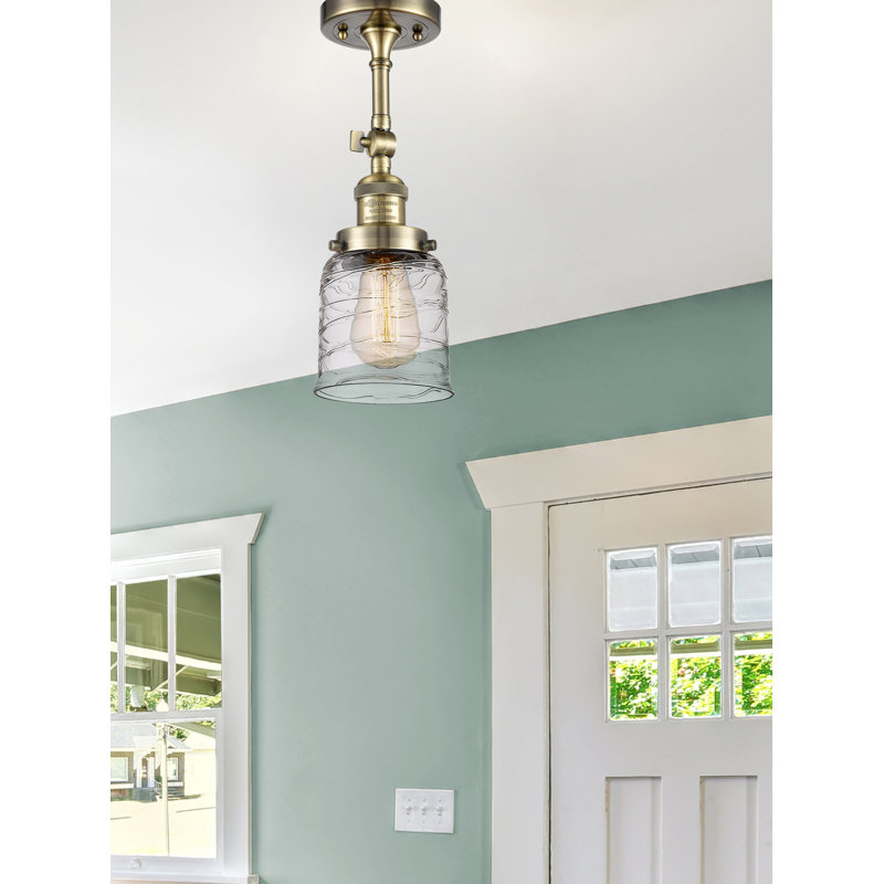 Hanceville 1 - Light 5" Simple Bell Semi Flush Mount, 6 Watt Vinage LED Bulb, Antique Brass, Clear Deco Swirl
