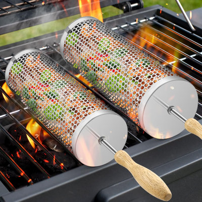 Ensemble de 2 paniers grillagés emboîtables, filet à grillades en acier inoxydable, accessoires pour barbecue pour crevettes, cuisine de camping en plein air
