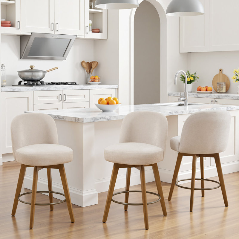 26" Mid Century Modern Counter Height Bar Stools Set of 3, 360° Swivel Barstools with Solid Wood Legs, Island Chairs with Backrest