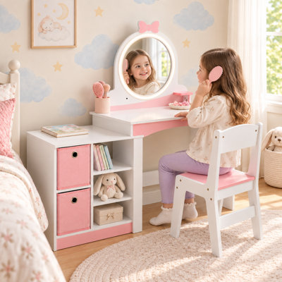 2 in 1 Kids Makeup Vanity Set with Mirror and Led Lights Stool Included
