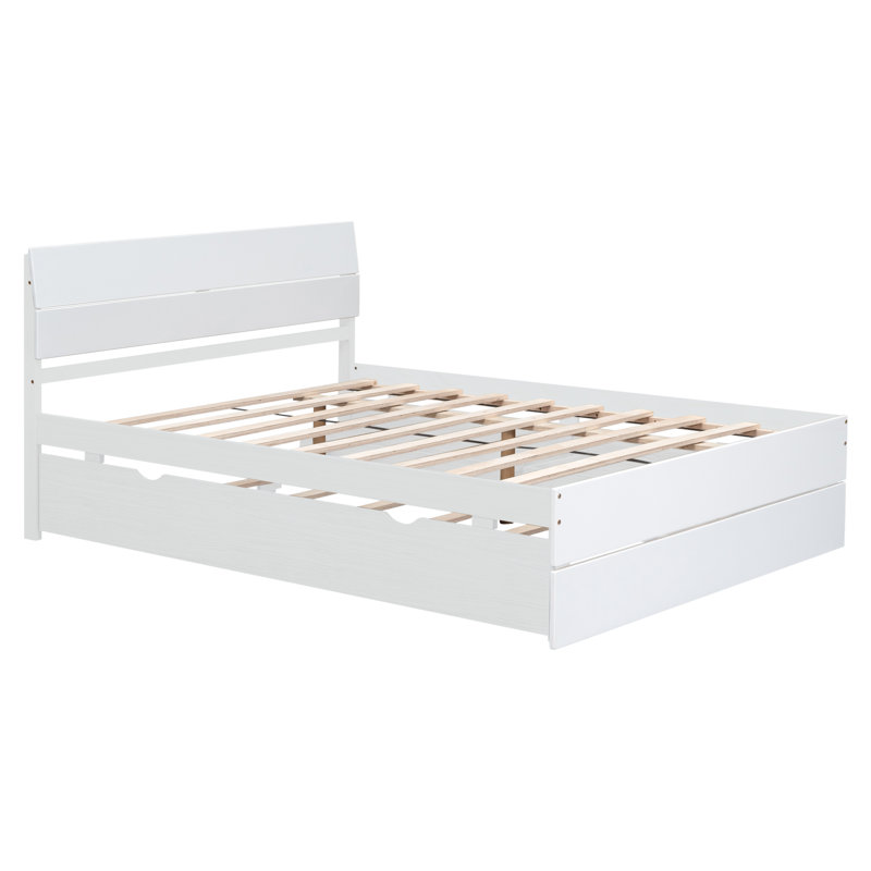 Cadre de lit double moderne avec lit gigogne simple et 2 tiroirs pour blanc brillant et blanc délavé, Blanc