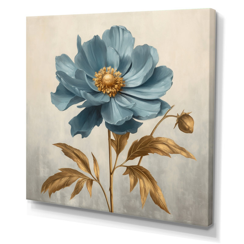 Anémone en fleurs, feuilles dorées rétro, art mural I - fleurs sauvages, salon, H 36 po x l 36 po x P 1,5 po, Toile tendue