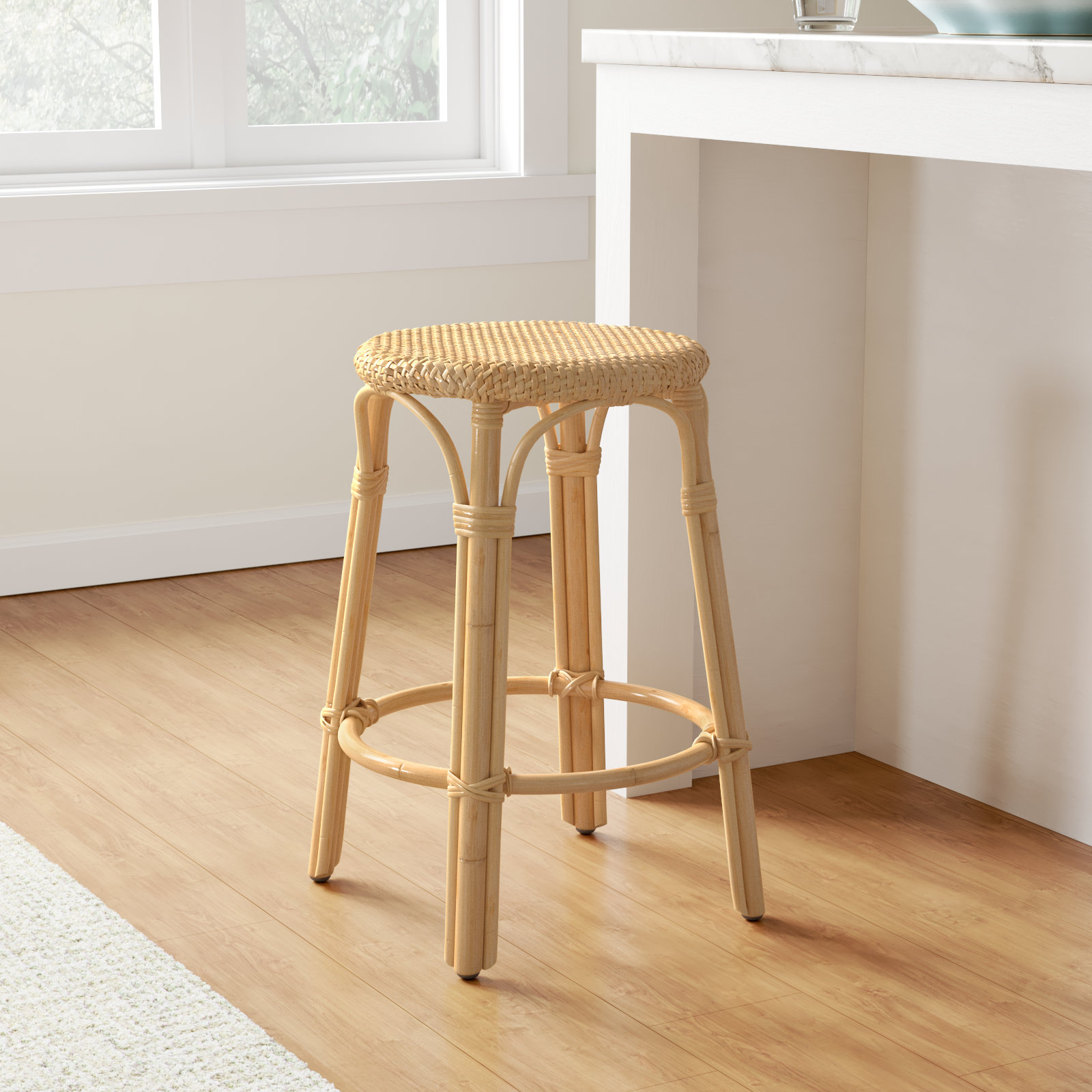 Alastair 30" Bar Stool, Counter Stool (24" Seat Height), Natural/Natural Rattan Frame
