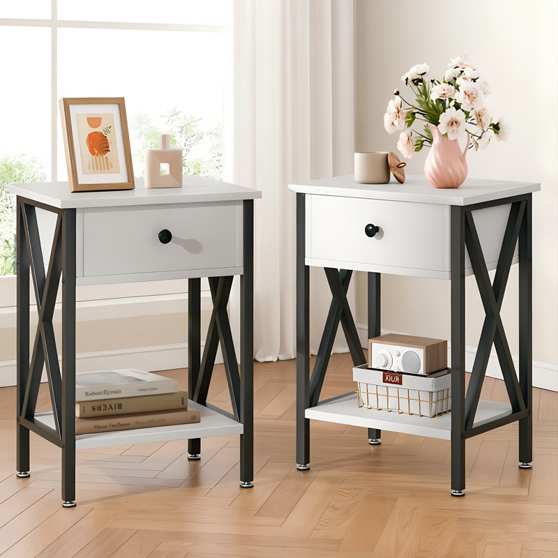 Alameen 22" Tall Nightstand, End Side Tables with Storage Drawer and Open Wood Shelf for Bedroom, White