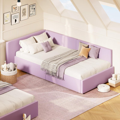Twin Daybed with Headboard, Corner Bed Frame with Bed Rails, Velvet Upholstered Sofa Bed with Guardrail for Bedroom, Guest Room,Adjustable Installation, Purple