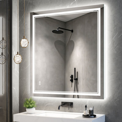 Frameless Rectangle Front & Backlit LED Bathroom Vanity Mirror with Dual LED Lighting, Dimmable 3-Color, Anti-Fog