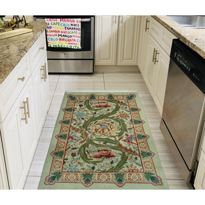 Tapis de couloir Lawrence fait à la main - vert - rouge, 2 pi 2 po x 3 pi 1 po