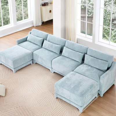 Quatre places avec revêtement en chenille bleu ciel, mobile, ergonomique, structure en bois, coussin lombaire, design, éponge pour le confort