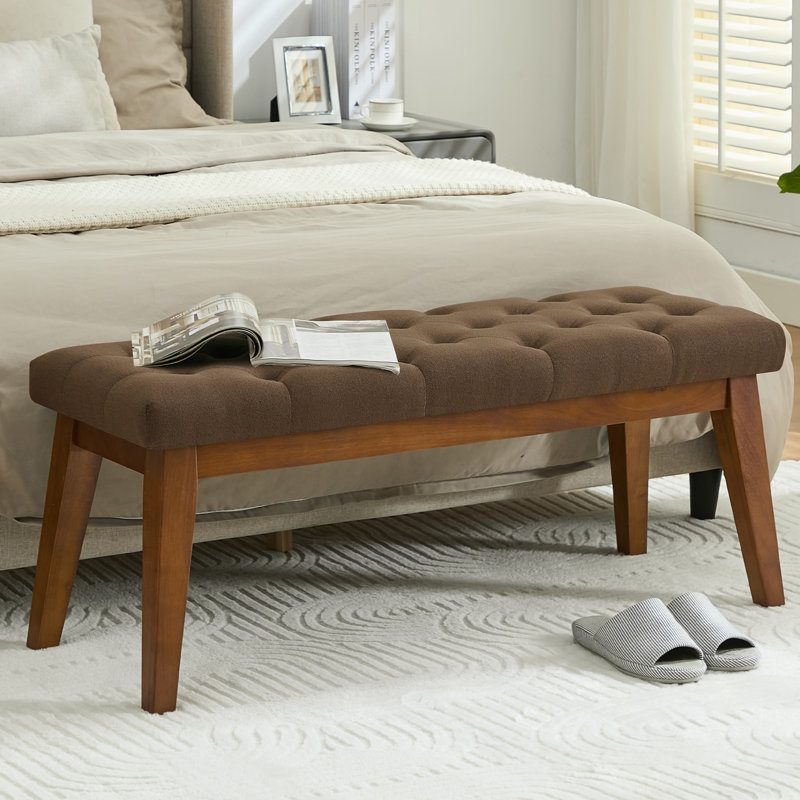 43.3'' W Tufted Linen Upholstered Bench with Solid Wood Legs, Brown