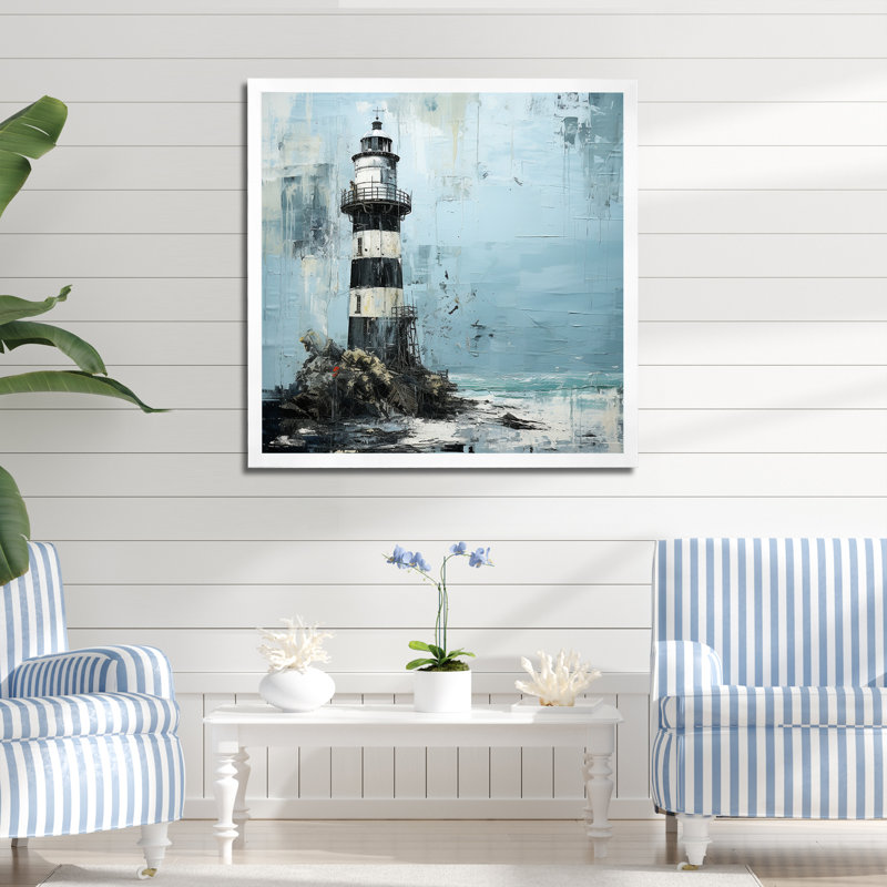 " Mysterious Blue And Black Lighthouse ", White Single Picture Framed, 16" H x 16" W x 1" D