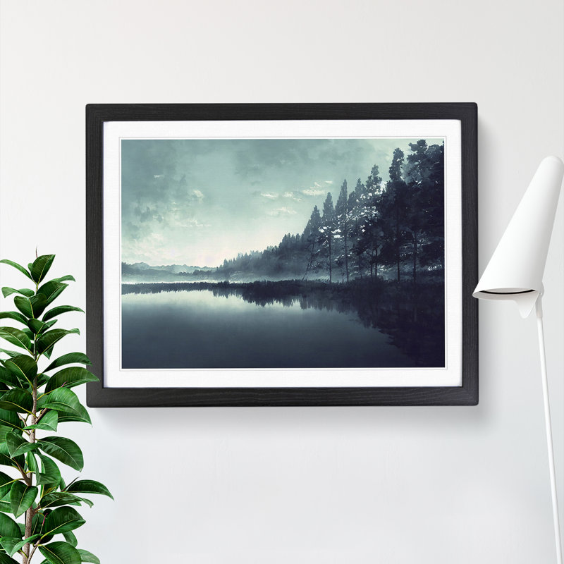 Misty Forest Lake View - Framed Print, Black Framed, 46cm H x 64cm W