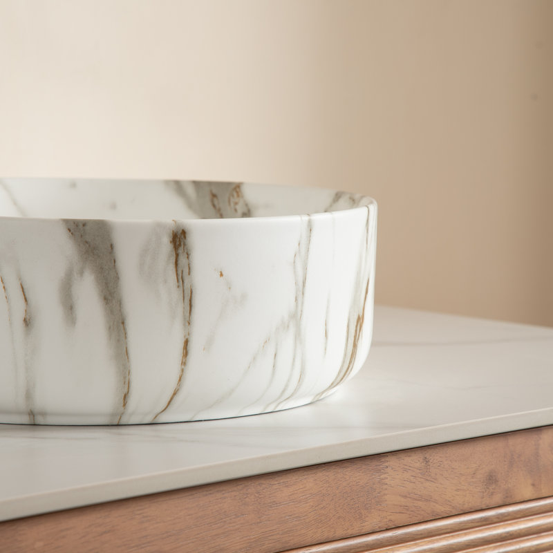 14" Bathroom Sink, Round Vessel Ceramic Sink With Stone Pattern Without Faucet, No Cabinet, White
