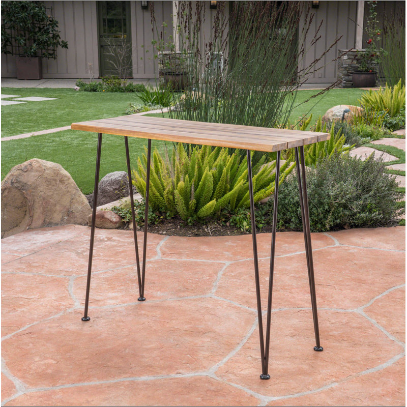 Industrial Wood & Metal Bar Table – Acacia Wood Top, Iron Hairpin Legs, Teak Finish, Outdoor Use