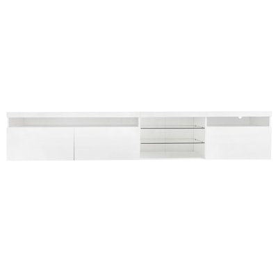 Meuble télé à conception unique avec 2 tablettes en verre, console multimédia pour téléviseur de 105 po ou moins, meuble télé polyvalent pour le salon