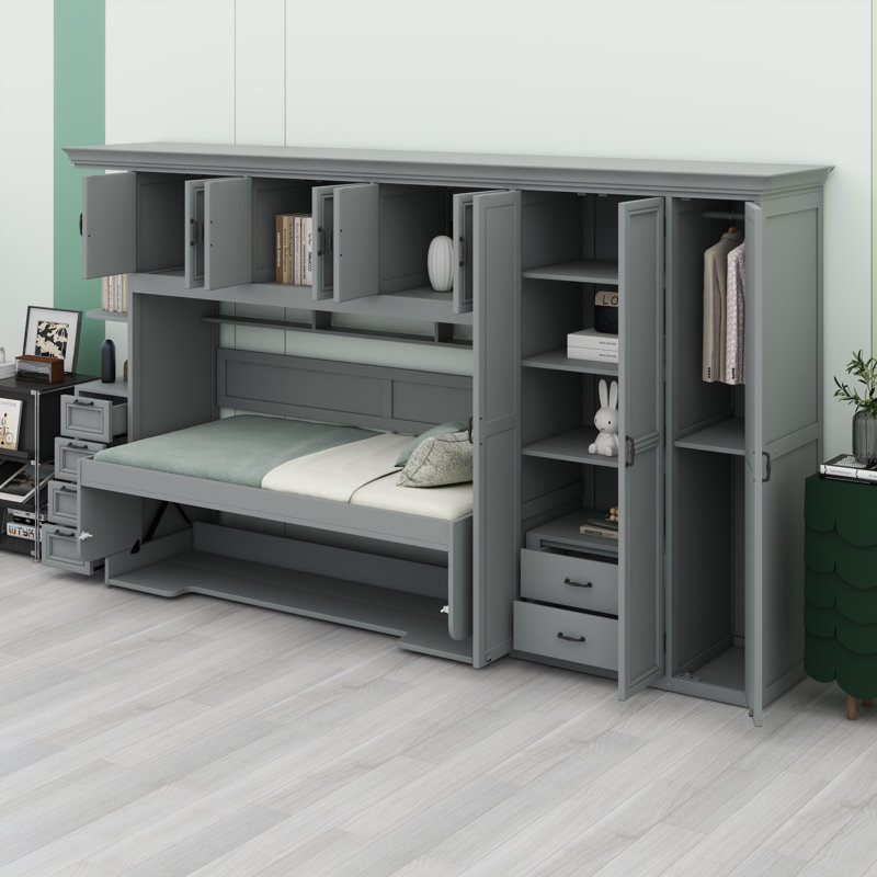 Lit escamotable mural avec garde-robe, armoire et bureau Murphy, Gris