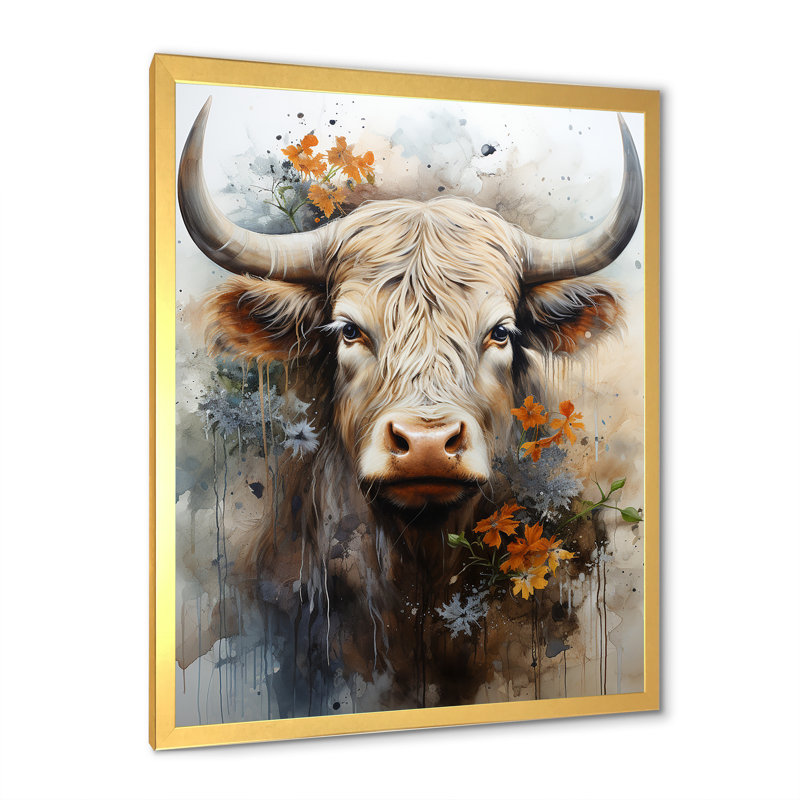 Profil floral de yak sur toile, Cadre doré simple, H 20 po x l 12 po x P 1 po