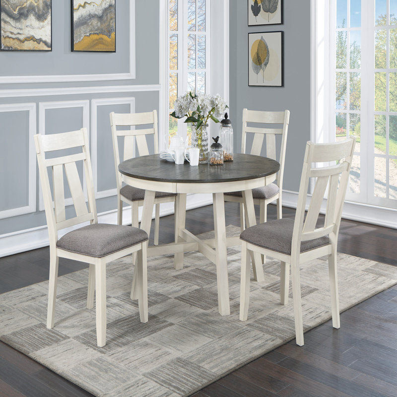 Table de salle à manger 5 pièces Table de salle à manger ronde et 4 chaises d'appoint Coussin en tissu gris Plateau de table en bois blanc