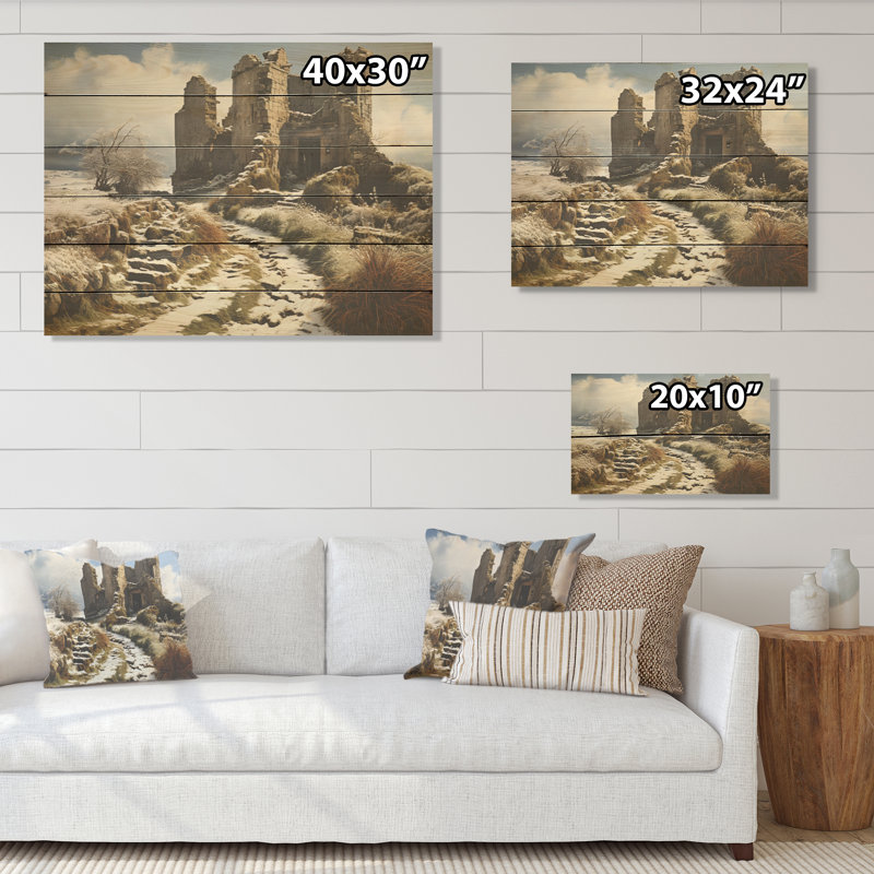 «Castles Winter Beauty - Châteaux», art mural sur bois de pin naturel, H 10 po x l 20 po