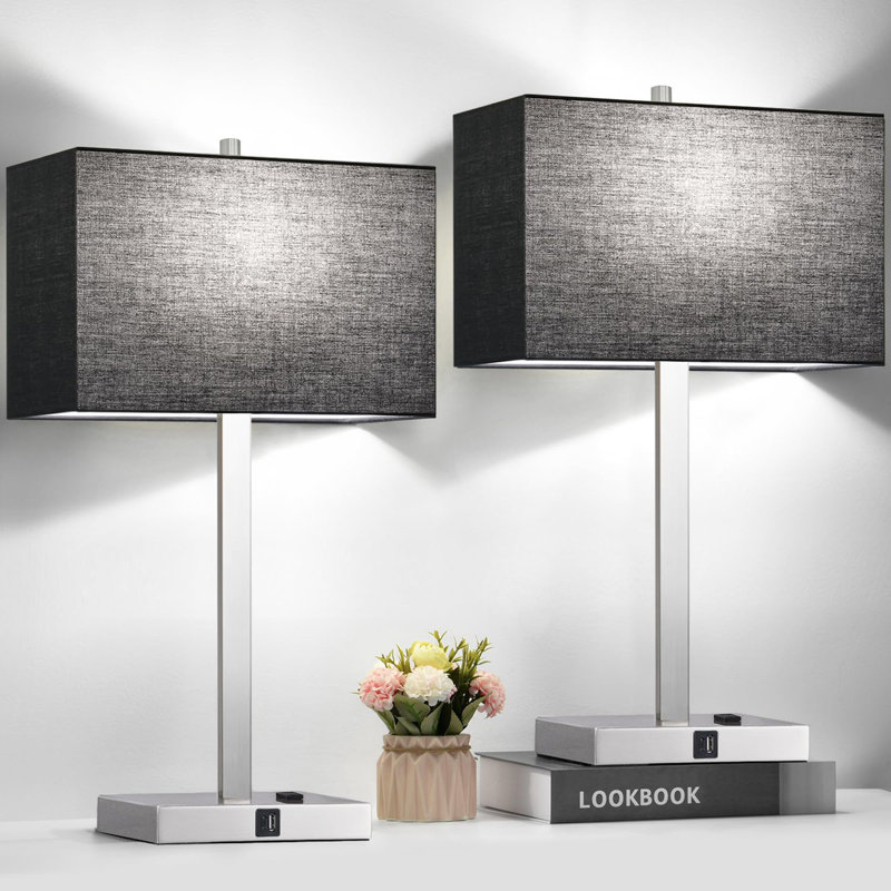 Ensemble de 2 lampes de table 21 "avec 2 prises USB et CA, Nickel, Noir, noir, noir, noir