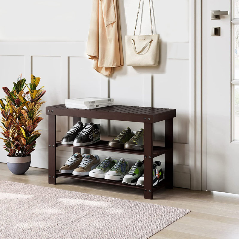Banc à chaussures, organisateur de rangement d'entrée en bambou à 3 niveaux, porte d'entrée, chambre à coucher, salle de bain, balcon