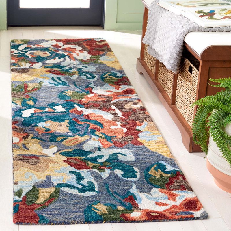 Akhira Floral Hand Tufted Wool/Cotton Area Rug in Light Blue/Rust, Runner 2'3" x 8'