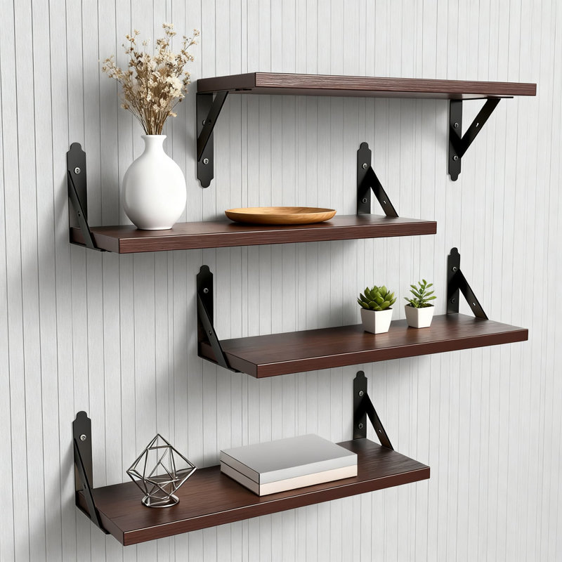 Floating Shelves Set Of 4, Rustic Wood Wall Mounted Storage Shelves For Living Room, Bedroom, Bathroom Decor, Brown