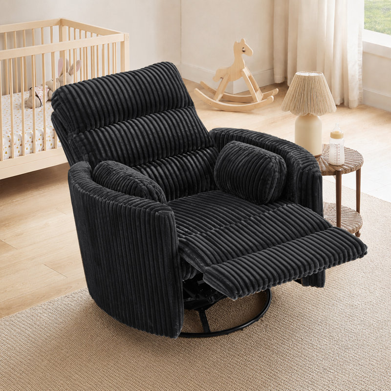 40" Wide Corduroy Recliner with Dual-Motor and Power Headrest,  Modern Swivel & Rocking Nursery Glider Chair, Black, Black