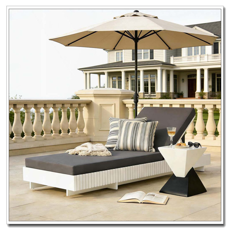 Solid Wood Lounge Chaise, White+Dark Grey Cushion