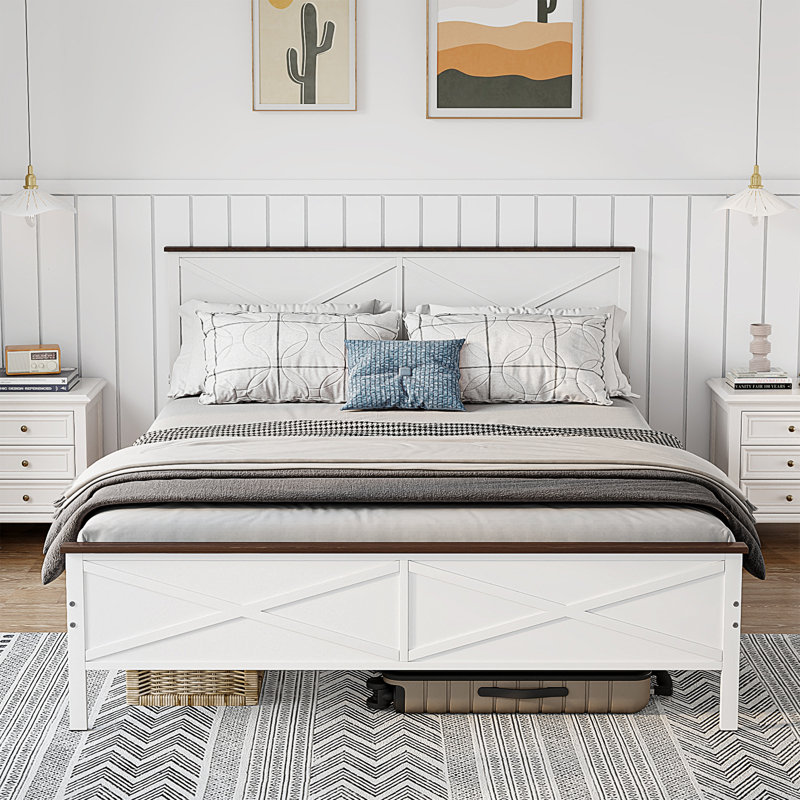 Givens Wood And White Metal Frame Platform Bed With Headboard Noise Free, Queen