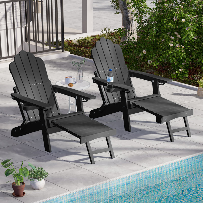 set of 2 HIPS Folding Adirondack Chair Adjustable Chair with Ottoman Fire Pit Patio Chair for Outdoor, Black