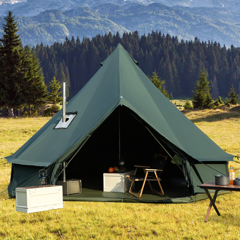 4m Cotton Canvas Bell Tent With Stove Jack, Roomy Yurt For Family Glamping Camping, 4 Season Tent With Zipped Removable Floor