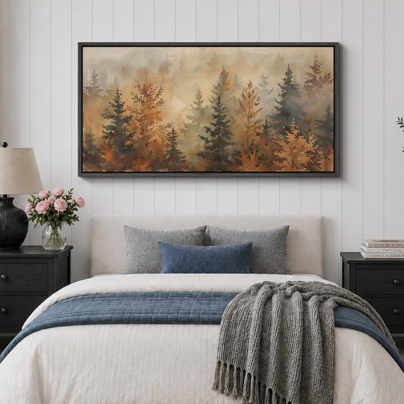 Pine Tree Forest Artwork, Autumn Wall Pictures, Giclee Canvas Digital Print Extra Large Framed Wall Art, 30" H x 60" W, Black