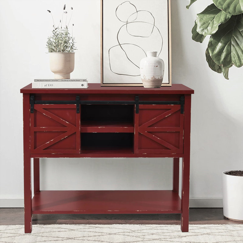 Marceline 40" W Antique Farmhouse Console Table, Sofa Table with Sliding Barn Doors and Bottom Storage Shelf for Living Room, Hallway and Entryway, Antique Red