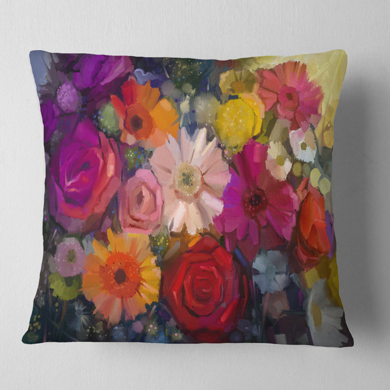 Bouquet de marguerites roses et de gerberas - Coussin décoratif à imprimé floral, 18 po x 18 po, Carré
