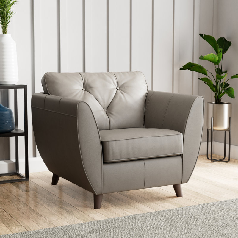 Marylin Leather Armchair, Dark Wood, Stone Grey
