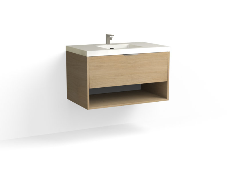 Modo 36" W Wall Mounted Single Bathroom Vanity, Matte White/Single, Biondo, Polished Nickel