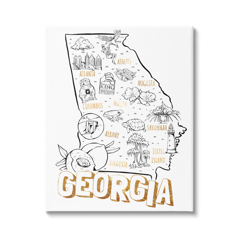 «Georgia Map Landmark Diagram Typographie Design» par Ziwei Li - impression, L 16 po x H 16 po, Plaque murale