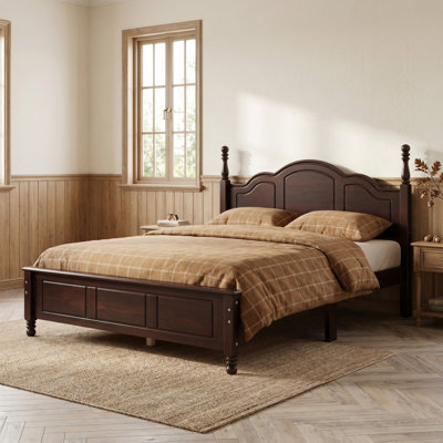 Walnut Queen Size British Estate Solid Wood Platform Bed, Decorative Turned Post Bed Frame with All Hardware Included for Fast Setup
