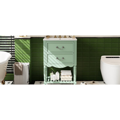 Meuble-lavabo de 60 cm (23,59 po) avec lavabo en céramique, style rétro élégant et vintage, deux tiroirs à fermeture douce, étagère ouverte, fini lustré, compatible avec robinetterie de 20 cm (8 po), forme ondulée en U.
