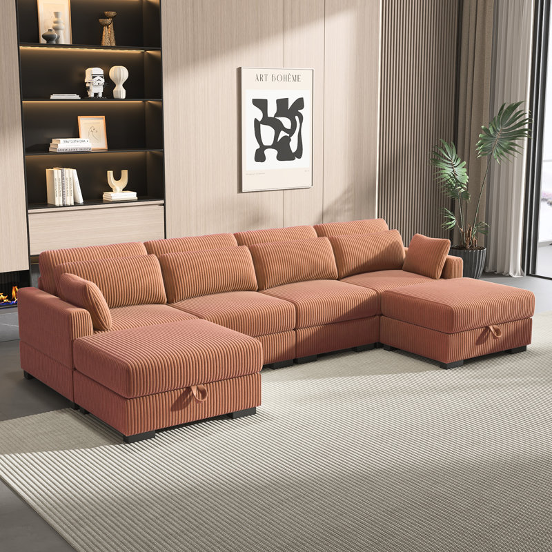 Mynyr Corduroy Sectional, Orange Corduroy