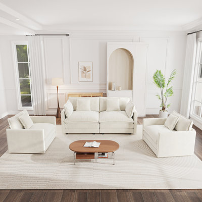 Modern 3-Piece Sofa Set with Arm Pillows and Toss Pillows , Sofa Set Include 2- Piece of Arm Chair and One 2-seat Sofa, Space Saving Casual Sofa Set,for Living Room, Home Office, Lounge, Hotel